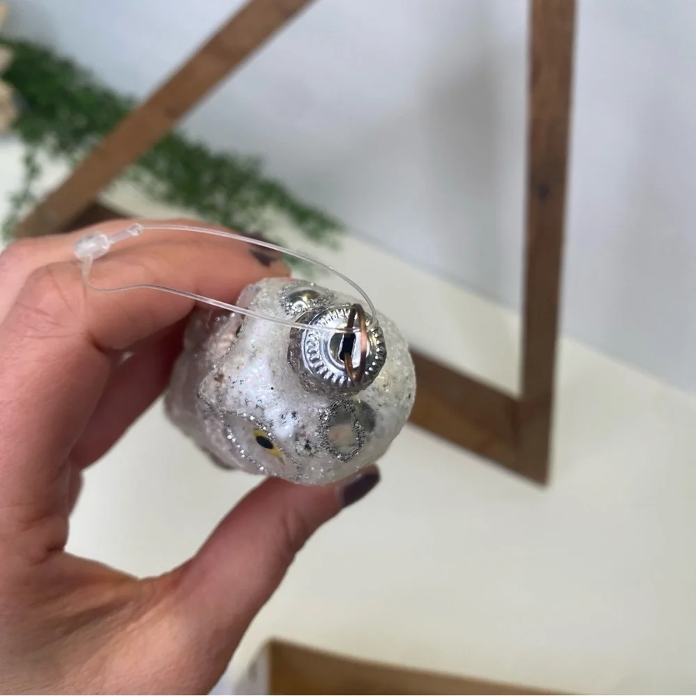 Hand Blown Glass Frosted White & Silver Owl Christmas Ornament